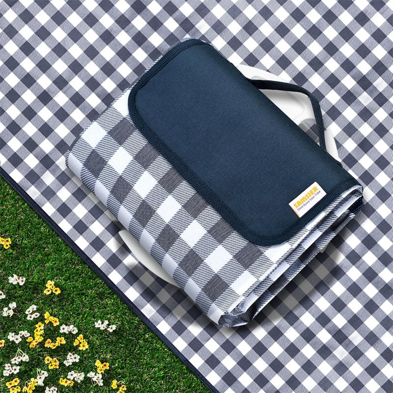 SAMSIER Large Picnic Blanket 200x200cm Waterproof Sandproof Foldable Outdoor Beach Blanket Gingham Washable Portable Picnic Mat for Camping Park, Travel & Garden Navy Blue