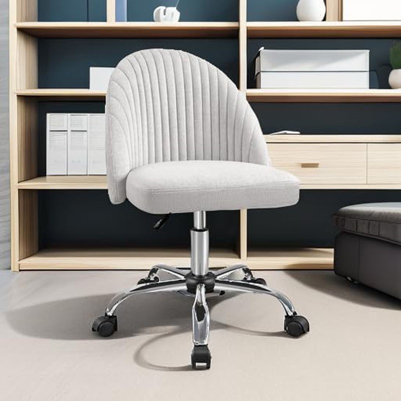 Grey Fabric Armless Desk Chair Modern Adjustable Swivel Vanity Task Chair with Wheels for Home Office